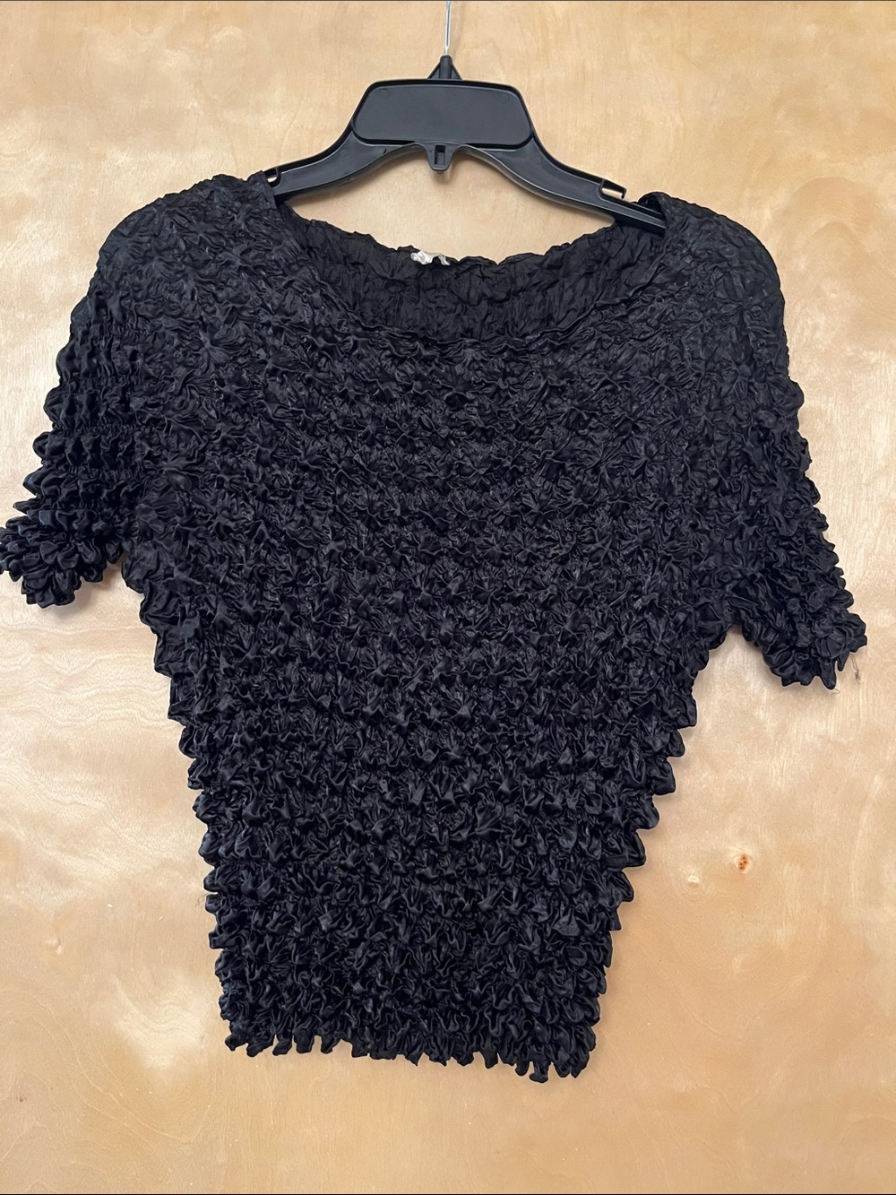 Textured Black Ruched Short-Sleeve Blouse